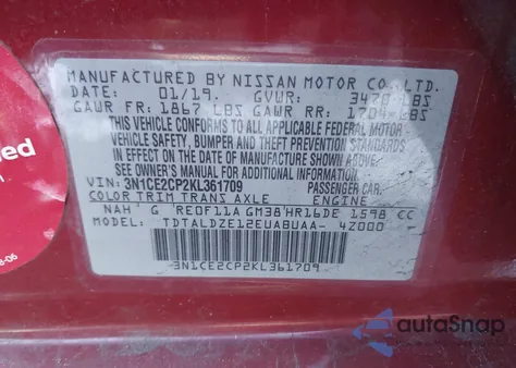 2019 Nissan Versa Note Sv z USA, uszkodzony, nr VIN 3N1CE2CP2KL361709